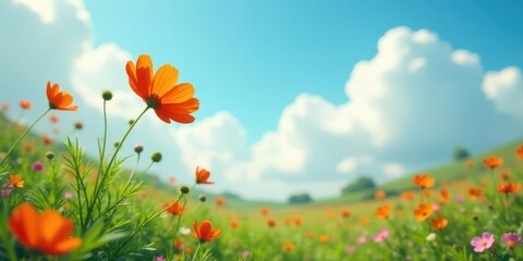 Vibrant Orange Flowers in a Sunny Meadow Under a Blue Sky with Fluffy White Clouds