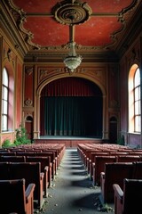 An antique theater's auditorium awaits a performance, its rows of plush seats facing a stage draped in rich velvet curtains, a crystal chandelier illuminating the ornate ceiling's decaying grandeur.