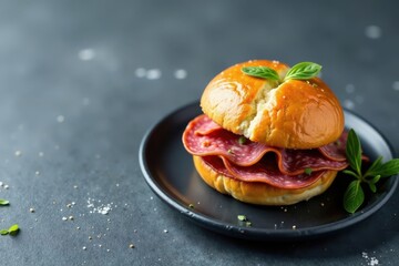 A savory cured meat sandwich on a soft bun, garnished with fresh herbs, served on a dark plate