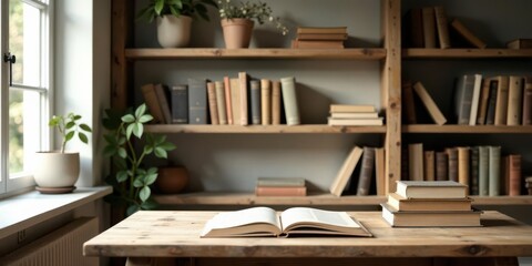 Serene Study Nook with Open Book on Wooden Table and Bookshelves Filled with Literature
