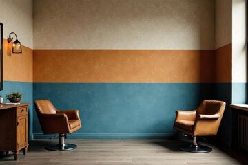 Stylish Room Interior with Two Brown Leather Chairs Against a Tri-Color Wall