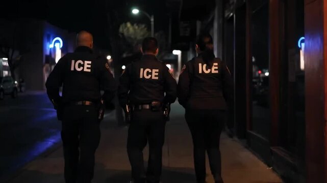  Still frame behind three ICE officers walking down dimly lit urban sidewalk &mdash; cool blue and warm orange neon lights flicker subtly, capturing realistic, steady night patrol in a moody cityscape.