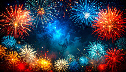 Fototapeta premium Abstract America: Red, White and Blue Flags and Fireworks 74