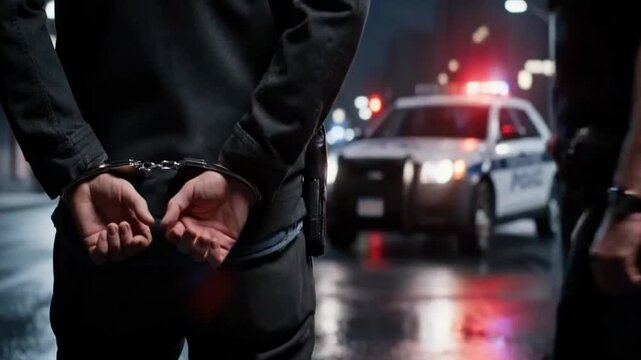  Cinematic nighttime arrest scene with close-up of handcuffed suspect flanked by officers, flashing red-blue police lights reflecting on wet pavement, moody urban backdrop,  ambient tension.