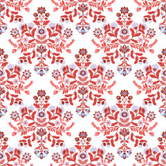 folk art, floral, flowers, abstract, seamless, pattern, vector, bright, colorful, white background, traditional, ethnic, decorative, vibrant, vivid, fabric, textile, wrapping paper, wallpaper, print, 