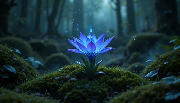Glowing Blue Flower in Enchanted Forest