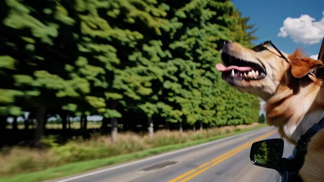 A golden retriever dog with sunglasses enjoys a car ride with its head out of the window. Lush green trees line the road under a clear blue sky. Concept of traveling with pets, vacation in country.
