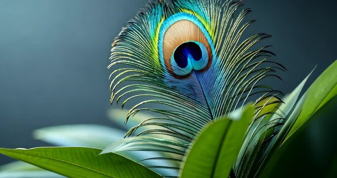 Close-up static shot: A vibrant peacock feather with iridescent colors stands out against green leaves.