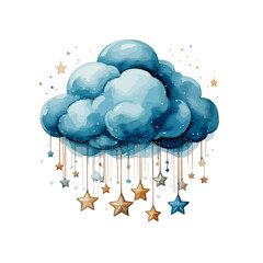 Cloud with stars, in blue colors - vector watercolor illustrations for Babyshower for boy, for birthday	

