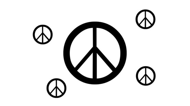 Zoom in and out animation the peace symbol. Large black symbol in the center and four small symbols around. Seamless looped 4k animation on white background
