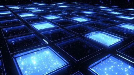 80s Arcade Game Background with Blue Grid on Black, Stars in Distance, and Empty Space in Center