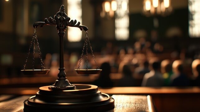 Justice scales courtroom, blurred audience, legal concept, website banner