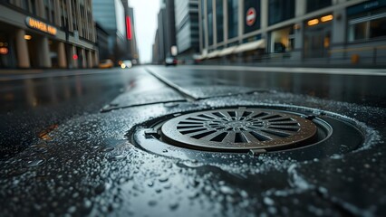 Detailed rain-soaked manhole cover on a slick city street, reflecting a vibrant urban environment.