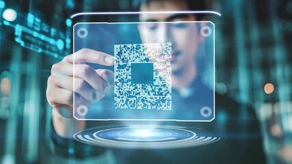A man interacts with a holographic QR code display, showcasing advancements in digital technology and its applications - Powered by Adobe