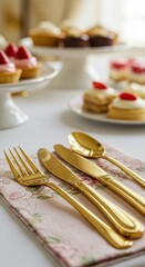 A beautifully arranged dessert table showcases delectable pastries with golden cutlery nearby