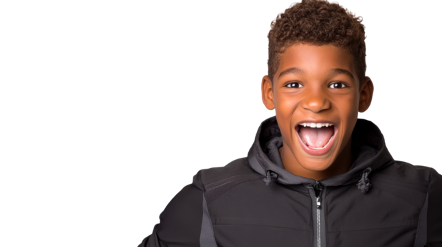 African boy with open mouth, wearing jacket, cut out transparent