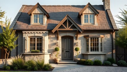 Charming residential house with elegant architectural details and a welcoming garden, radiating coziness and tranquility