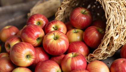 Fresh red apples spilling from a woven basket on a rustic background  