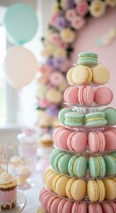 A tower of pastel macarons stands out at a lively celebration in a cheerful, bright setting