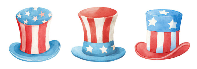 Patriotic watercolor concept with three colorful hats featuring stars and stripes in red and blue