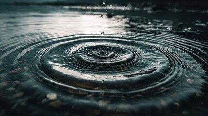 Water Droplets Creating Concentric Ripples on Calm Pond Surface
