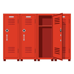 Modern red cabinets with open door. On white background.