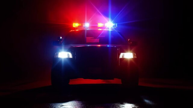 A police car with emergency lights activated is parked on a wet street at night, illuminating the surroundings with red and blue lights