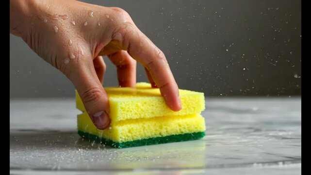 Hand pressing a wet cleaning sponge to wipe surface