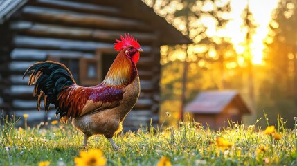 Rooster in a grassy field in front of a rustic wooden cabin at sunrise