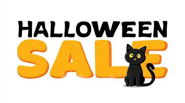 Cute Halloween sale sign with cartoon black cat and bold orange text on white background for promotion