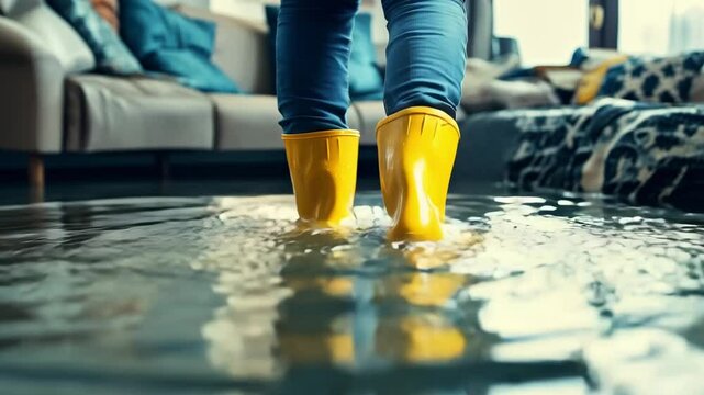 Person in yellow boots walks through a flooded room surrounded by furniture after a heavy rainstorm caused significant water accumulation