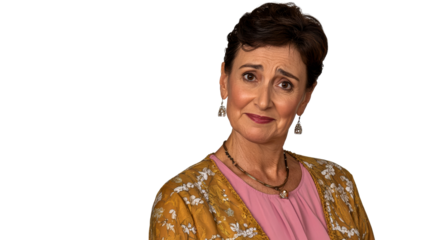 Worried mature Hispanic lady wearing jacket, cut out transparent