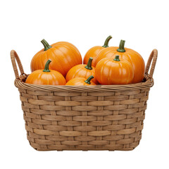 Woven basket filled with group of ripe, small, bright orange pumpkins with green stems