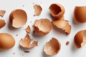 Broken egg shells scattered on a white surface with whole eggs in bright lighting