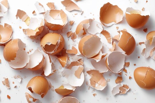 Broken eggshells scattered on a white surface after cooking or baking activities