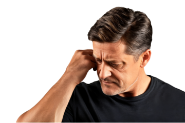 Mature man thinking, holding head, looking down, portrait, cut out transparent