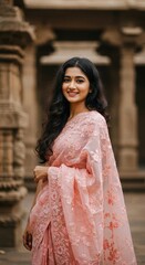 A woman in a pink traditional outfit smiles charmingly in front of an ornate temple backdrop