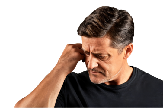 Mature man thinking, holding head, looking down, portrait, cut out transparent