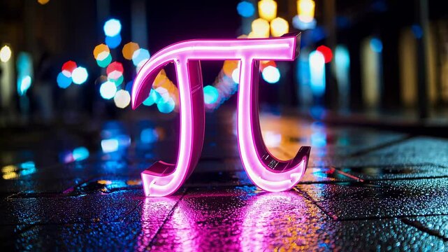 Neon pi symbol illuminates rainy night street with vibrant reflections and bokeh lights