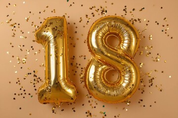 Golden balloons celebrating the special occasion of turning eighteen years old