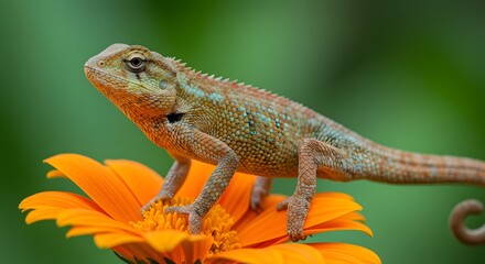 Obraz premium Colorful Chameleon Orange Flower Macro Photography