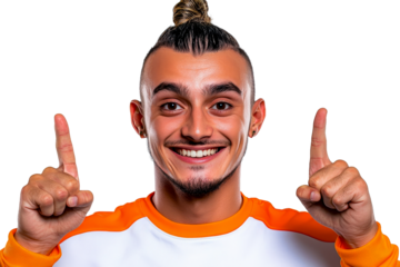 Smiling man pointing upwards with fingers, encouragement, cut out transparent