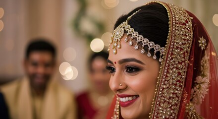 A bride beams, showing off her stunning jewelry and elegant dress at a festive wedding