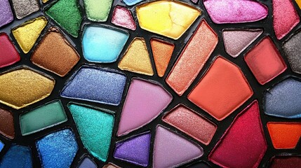 Colorful, multifaceted eyeshadow palette close-up view.