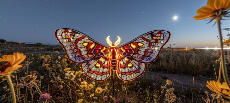 Majestic giant moth with luminous wings captivates under the enchanting moonlight