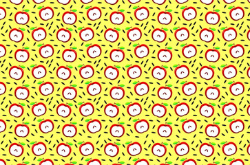 Slice apple pattern background. Red apple slices pattern. Half apple slice with green leaves pattern. Apple slices illustration. Summer fruits pattern illustration. Healthy fruits design.