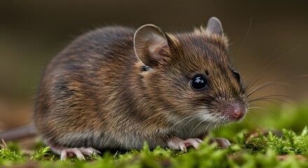 Alert Brown Wood Mouse on Green Mossy Ground