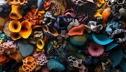 Eco-Art Decomposition Installation,  illustrative eco-art installation depicting decomposition, with colorful organic matter transforming into abstract patterns, 