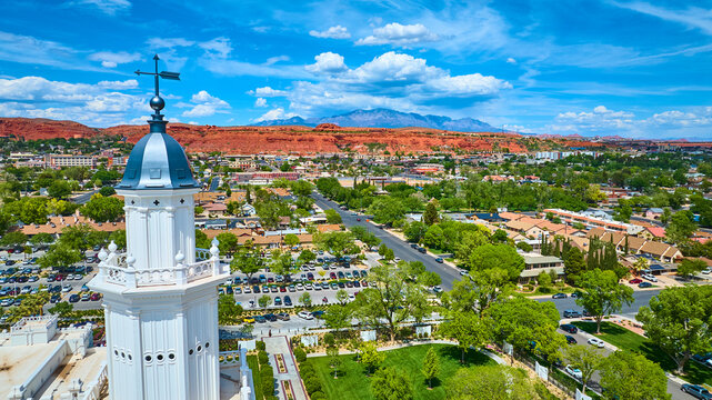 Aerial St George Utah Temple White Steeple Over Suburban Community Fly Through