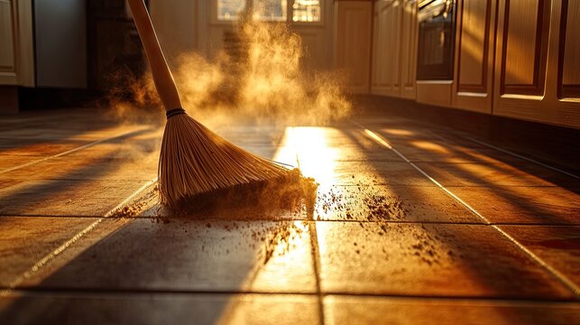 Sunlight streams across a tiled floor as dust is swept away.